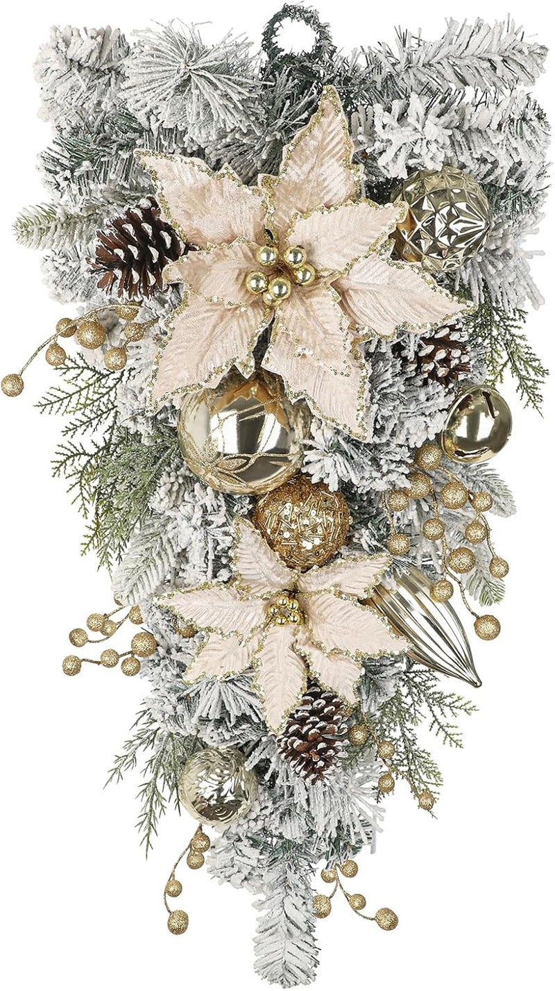 Arborus 27.5" Artificial Christmas Teardrop Swag with Champagne Poinsettia, Pine Cones, Berries & Ornaments, White Cedar Branch Base for Christmas Thanksgiving Winter Holiday Front Door and Wall Decoration - Image 1